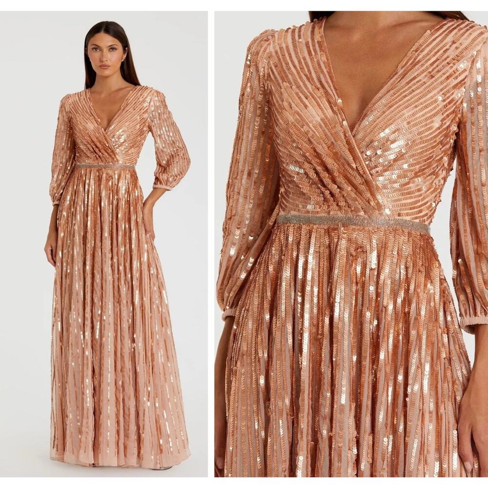 Mac Duggal A5509 Pink Size 8 Sequined Wrap Over 3/4 Sleeve Gown V-Neck NWT